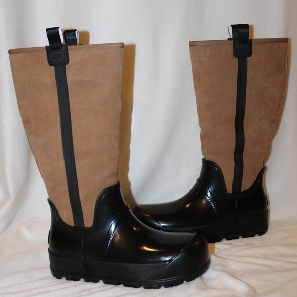NIB UGG WOMEN'S RAINCLOUD TALL SUEDE SHEARLING RAIN WINTER BOOTS CHESTNUT BLACK - Picture 3 of 9